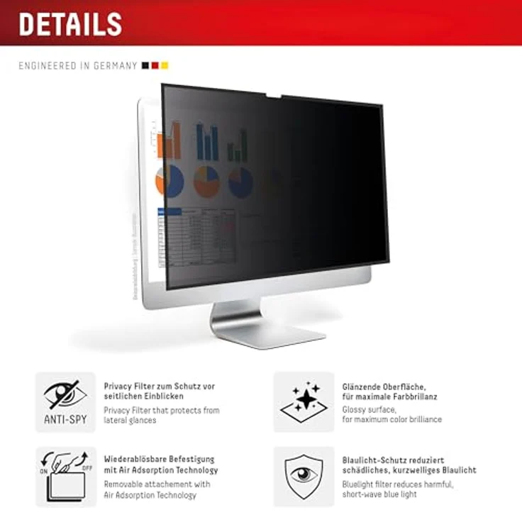 Displex PRIVACY SAFE Magnetischer 2-Wege Blickschutzfilter für iMac 24" M1 (2021)/ M3 (2023)/ M4 (2024), 60° Betrachtungswinkel, matte Anti-Reflex- und glänzende Seite, bluetlight-filter, einfache magnetische Befestigung – Bild 2