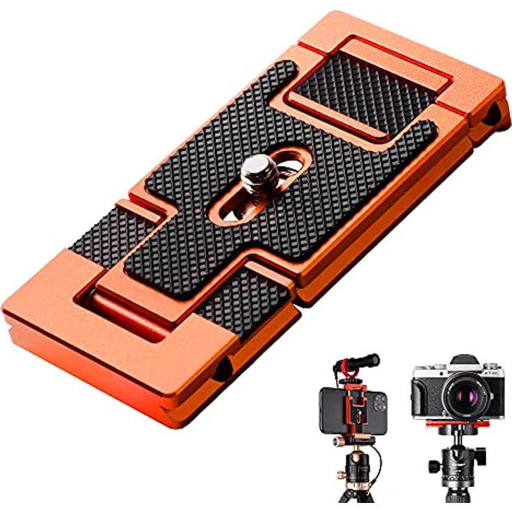 K&F CONCEPT CA02 Aluminium Multi-Schnellwechselplatte, 2 in 1 Kamera- und Handyhalterung, orange, kompatibel mit Stativen und verschiedenen Kameras – Bild 1
