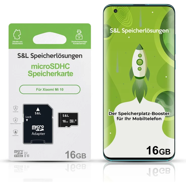 S&L microSD Speicherkarte für Xiaomi Mi 10, 16 GB, Class 10 U1, stoßsicher, wasserdicht und temperaturresistent