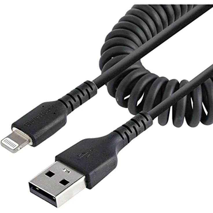 StarTech.com 50cm USB auf Lightning Kabel, Spiralkabel, MFi zertifiziert, Schnellladekabel für iPhone/iPad, Schwarz, robuster TPE Mantel mit Aramidfaser, USB 2.0 Kabel (RUSB2ALT50CMBC) – Bild 1