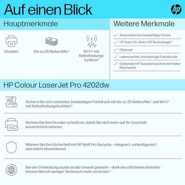 HP Color Laserjet Pro 4202dw Multifunktions-Laserdrucker, Drucker, Duplex-Druck, Bluetooth, WLAN, LAN, Ethernet, Airprint, für Arbeitsteams mit bis zu 10 Benutzern, Instant Ink für Toner verfügbar – Bild 3