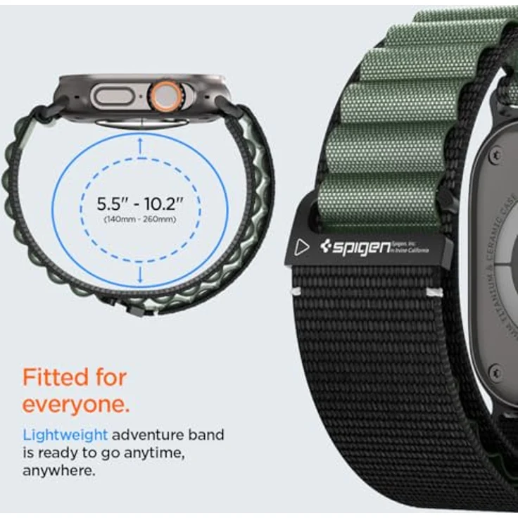 Spigen Basis-Stoffarmband mit Hakenverschluss für Apple Watch Ultra 2/1 49mm, Serie 11/10 46mm, 9/8/7 45mm, SE2/SE/6/5/4 44mm – Komfortables und modernes Design in Schwarz Grün – Bild 4