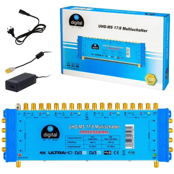 HB-DIGITAL UHD-MS 17/8, SAT-Multischalter für bis zu 8 Teilnehmer, kompatibel mit 4 x UNIVERSAL-QUATTRO-LNBFs, 4K Unterstützung