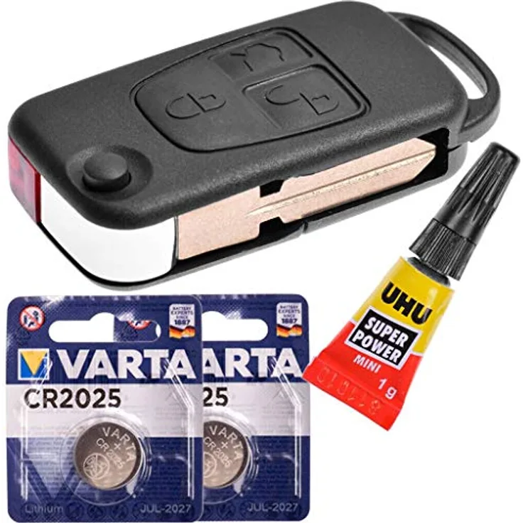 mt-key Auto Schlüssel 3 Tasten für Mercedes Benz W163 R129 SL ML, inkl. HU39 Rohling, 2x VARTA CR2025 Knopfzelle und Kleber