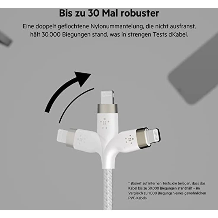 Belkin BOOST CHARGE PRO Flex USB-C-zu-Lightning Kabel, 3m, 15W, mfi-zertifiziert, weiß – Bild 3