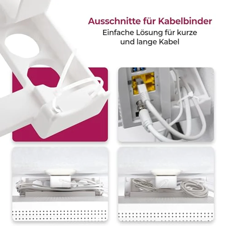 Mobilefox Wandhalterung & Steckdosenhalterung für FritzBox 6690/6591 Cable, schraubenlose Befestigung mit Netzteil-Halterung und integriertem Kabelmanagement, weiß – Bild 4
