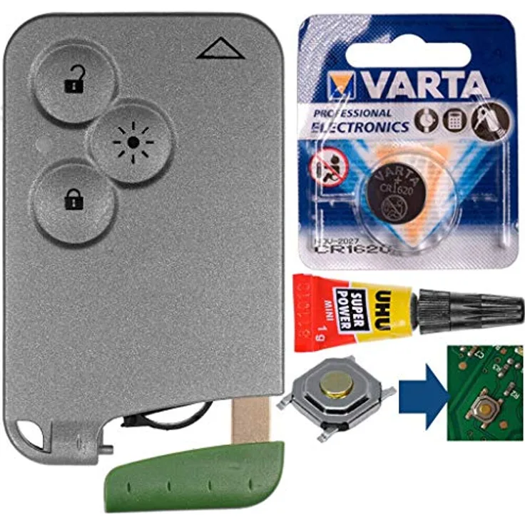 mt-key Auto Schlüssel Karte 3 Tasten für Renault Laguna II, Espace IV, Vel Satis, inkl. VARTA CR1620 Knopfzelle, Notschlüssel Rohling und Mikrotaste