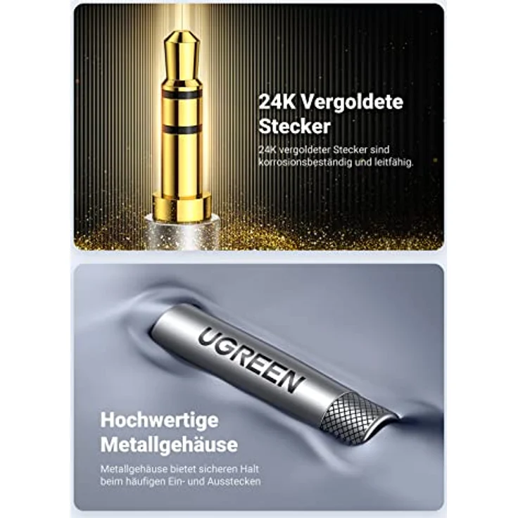 UGREEN 3,5mm Klinke auf Klinke Aux Kabel Stereo Audio Klinkenkabel für Autoradio, Kopfhörer, Galaxy A/M Serien, Redme Note Serie, PC, Tablets, Lautsprecher, MP3/ MP4 Player usw. (1m) – Bild 2