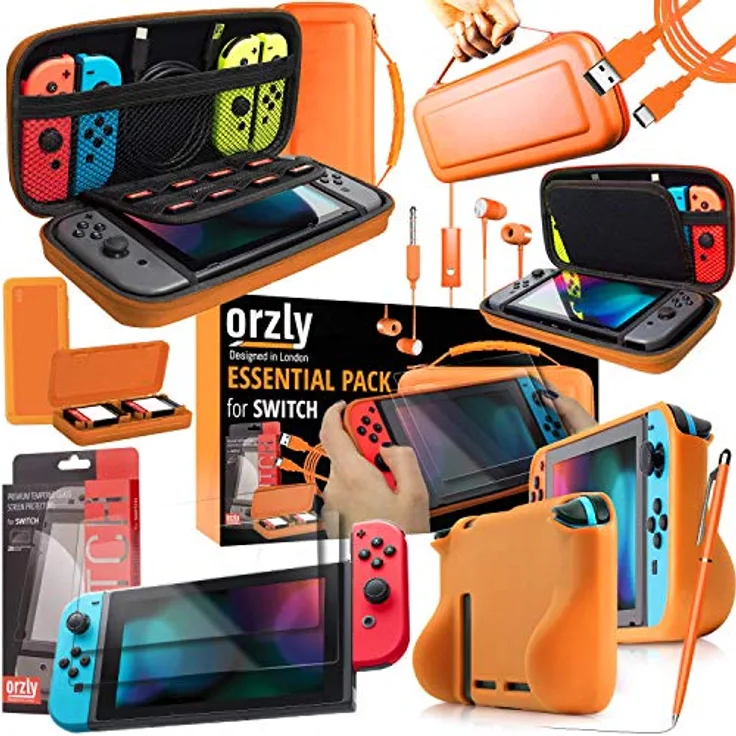 Orzly Nintendo Switch Zubehör Set, Tragetasche, Comfort Grip Case, USB Ladekabel, Kopfhörer, Schutzfolien - ORANGE