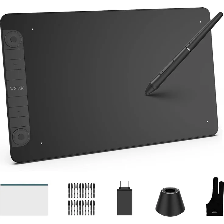 VEIKK VK1060PRO Grafiktablett, 10x6 Zoll mit doppeltem Einstellrad, 8192 Druckstufen, batterieloser Stift, kompatibel mit Windows, Mac und Android