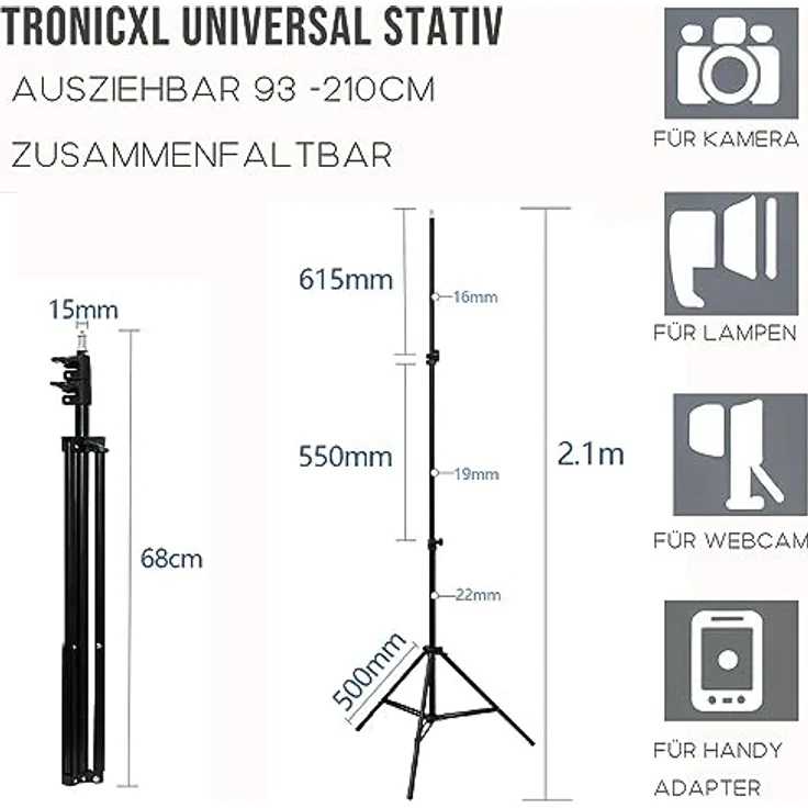 TronicXL 210cm Hohes Stativ Tripod für Kamera Licht Actioncam Webcam Ständer Halterung Tripod 1/4" hoch 2,1m Dreibein Studio – Bild 2