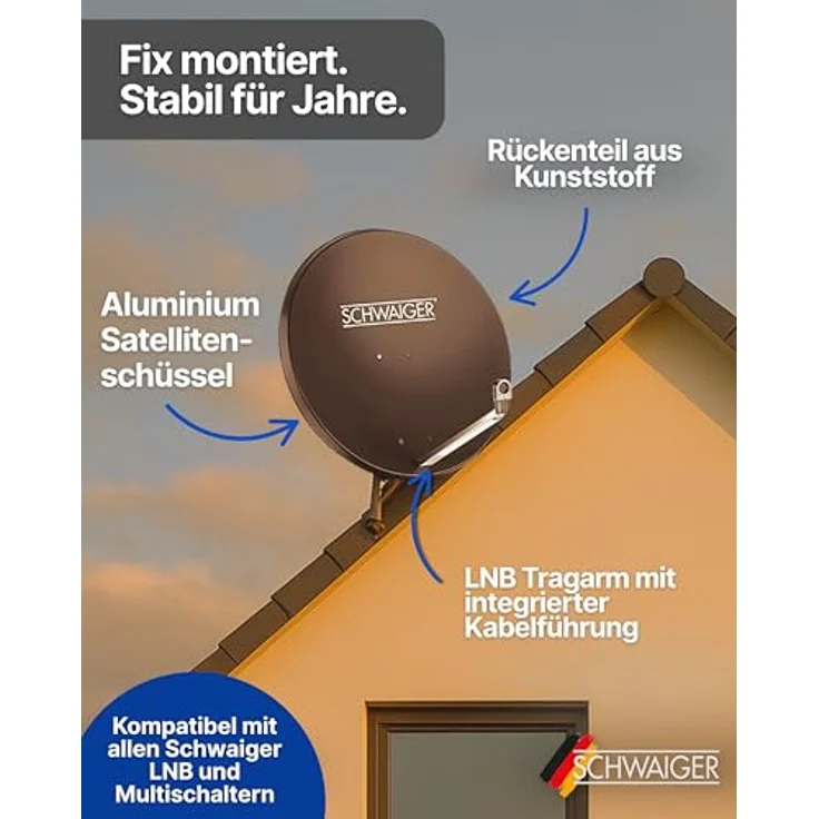 Schwaiger Satellitenanlage Set Ziegelrot Aluminium 80 cm, Offset Antenne mit Digital Quad LNB4 und 4 Teilnehmer-SAT-Anlage – Bild 5