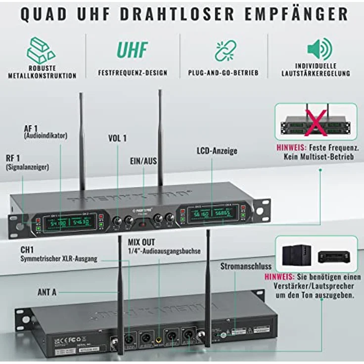 Phenyx Pro PTU-5000-2H2B, 4-Kanal UHF Funkmikrofon-System mit stabiler Signalübertragung und flexibler Anwendung, inkl. 2 Hand- und 2 Ansteckmikrofone – Bild 2