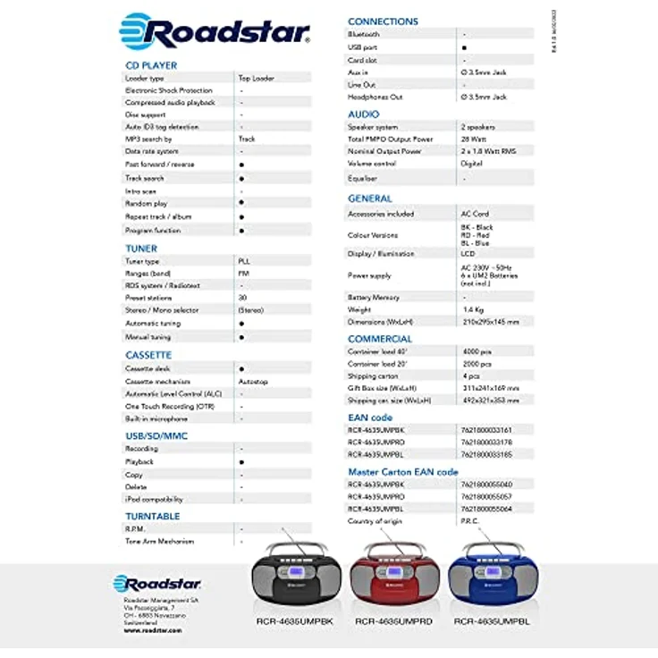 Roadstar RCR-4635UMP/RD Tragbares CD-Radio und Boombox mit Digitalem PLL FM-Radio, USB, AUX-IN, Kopfhörerausgang, rot – Bild 3