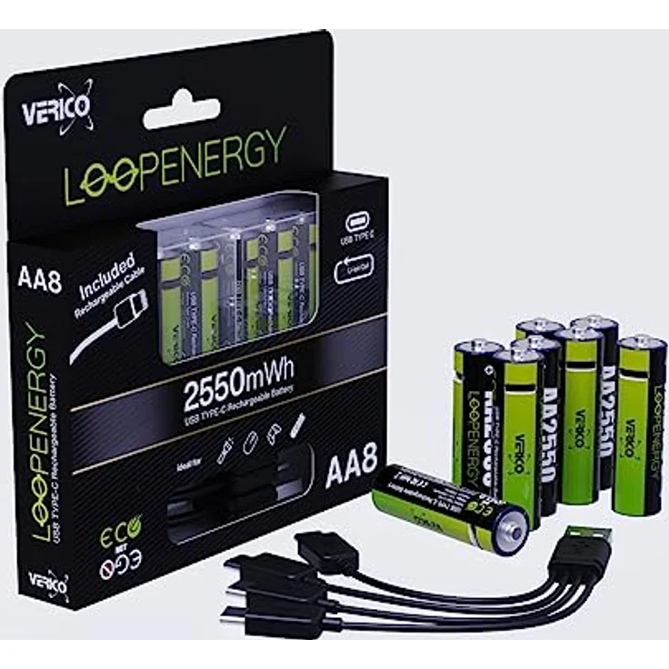 VERICO LoopEnergy AA 2550 Wiederaufladbare USB-C Batterie AA 1,5V 2550mWh (1700mAh) Li-Ion, Schnellladung via USB-C Anschluss in ca. 2 Stunden, 8er Pack AA, 1 Kabel USB - A auf 4 x USB-C – Bild 2