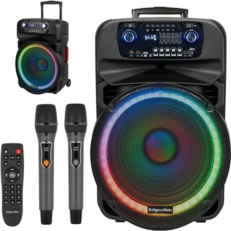 Krüger&Matz KM 1718, Kabellose Lautsprechersäule mit 60 W, 2 UHF-Mikrofone, Bluetooth, USB, SD, FM, LED und 7000mAh Akku