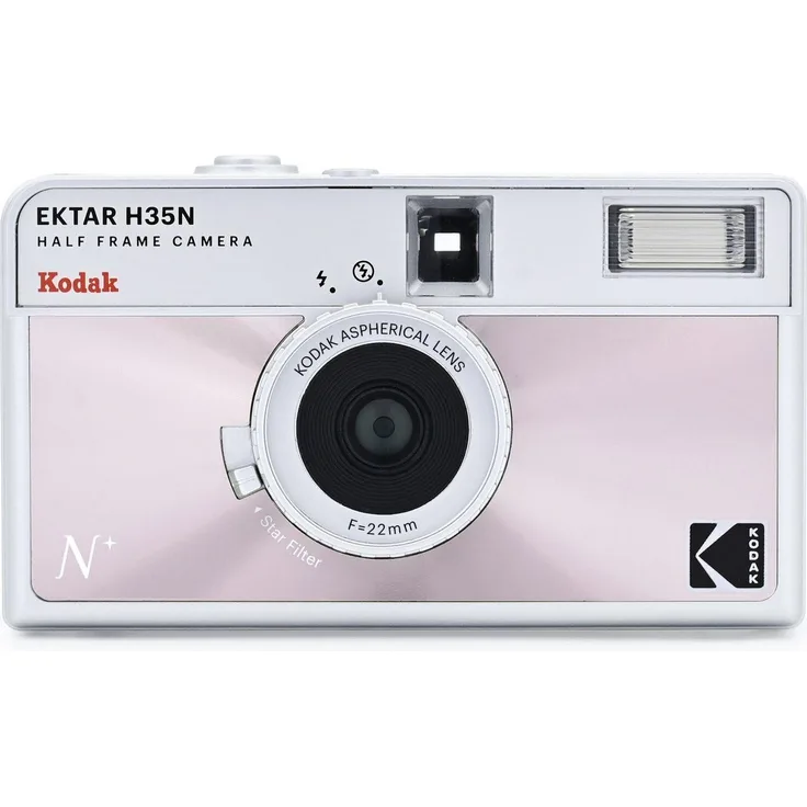 Kodak Half Frame Film Camera EKTAR H35N Pink Kompaktkamera mit innovativem Design und zwei Fotos auf einem Abzug