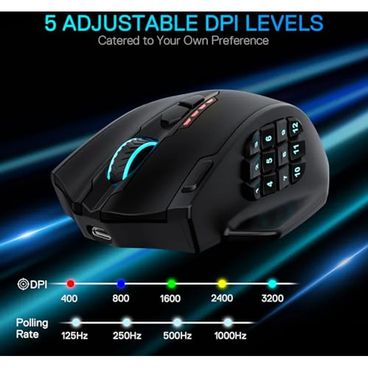 Redragon M913 MAX, Wireless Gaming Maus mit 26000 DPI, 16 programmierbaren Tasten, BT & 2.4G Wireless, RGB Beleuchtung – Bild 4