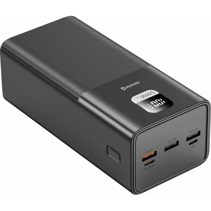 Swissten 40.000mAh Powerbank USB und USB-C 100W Ladegerät, flammhemmendes ABS+PC-Material, 3 USB-A und 1 USB-C Ausgang, 830 g, schwarz