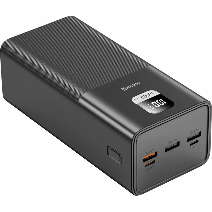 Swissten 40.000mAh Powerbank USB und USB-C 100W Ladegerät, flammhemmendes ABS+PC-Material, 3 USB-A und 1 USB-C Ausgang, 830 g, schwarz
