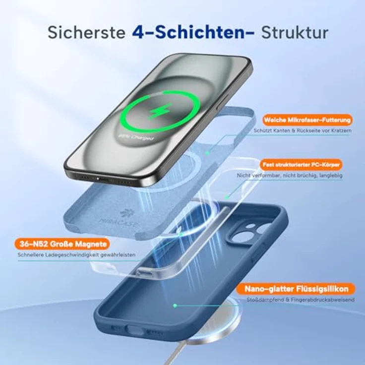 miracase iPhone 15 Hülle mit MagSafe, kratzfestes Mikrofaser-Innenfutter, stoßfeste Flüssigsilikon-Hülle, Glas Blau – Bild 3