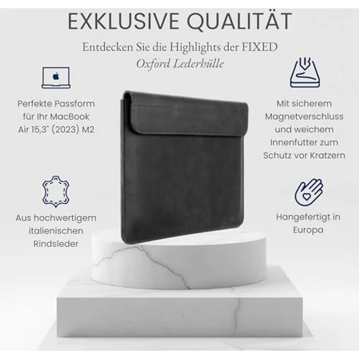 FIXED Oxford Lederhülle 15,3 Zoll für MacBook Air (2023) M2/M3, iPad und andere Geräte: Handgefertigte Laptoptasche aus italienischem Rindsleder, Hülle mit Magnetverschluss, Schwarz – Bild 2