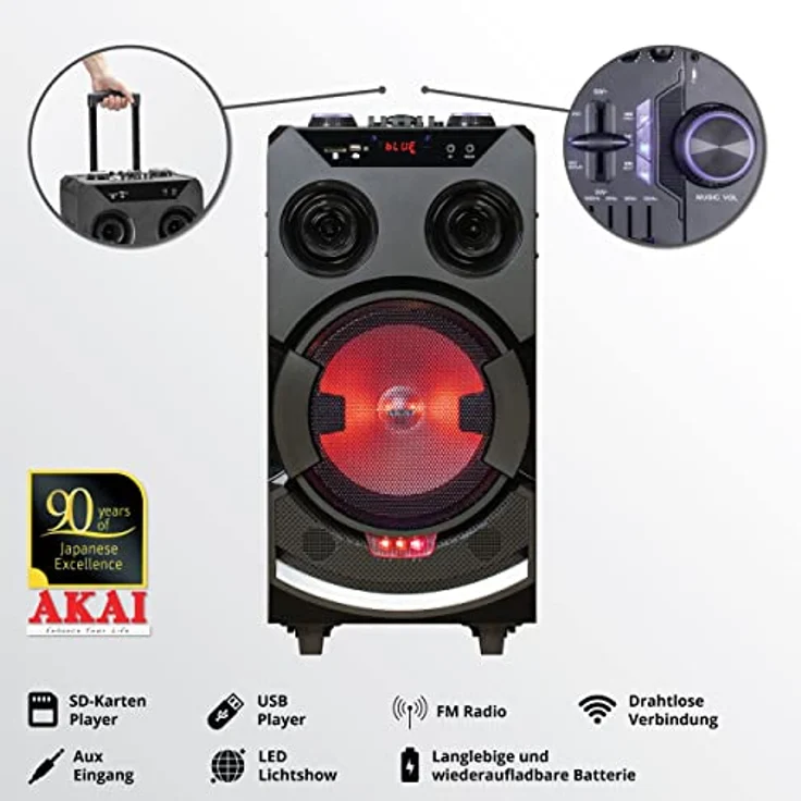 AKAI ABTS-112, Aktivlautsprecher mit drahtlosem Mikrofon, Bluetooth, USB, FM Radio, Akku und mehrfarbigen RGB LED Tanzlichtern – Bild 3