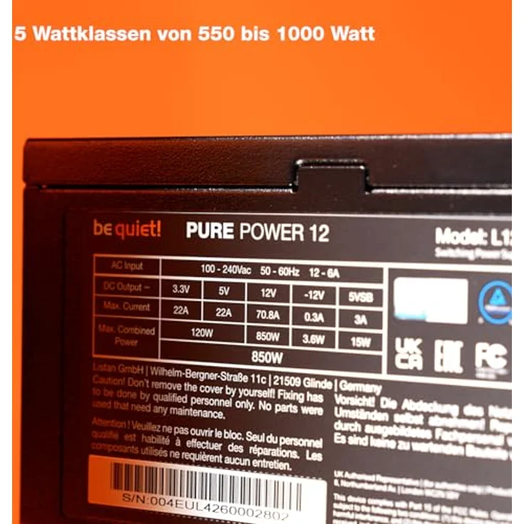 be quiet! Pure Power 12 850W Netzteil, 80 Plus® Gold Effizienz, ATX 3.1 mit PCIe 5.1 Unterstützung, leiser 120mm Lüfter, LLC-Technologie - Schwarz – Bild 5