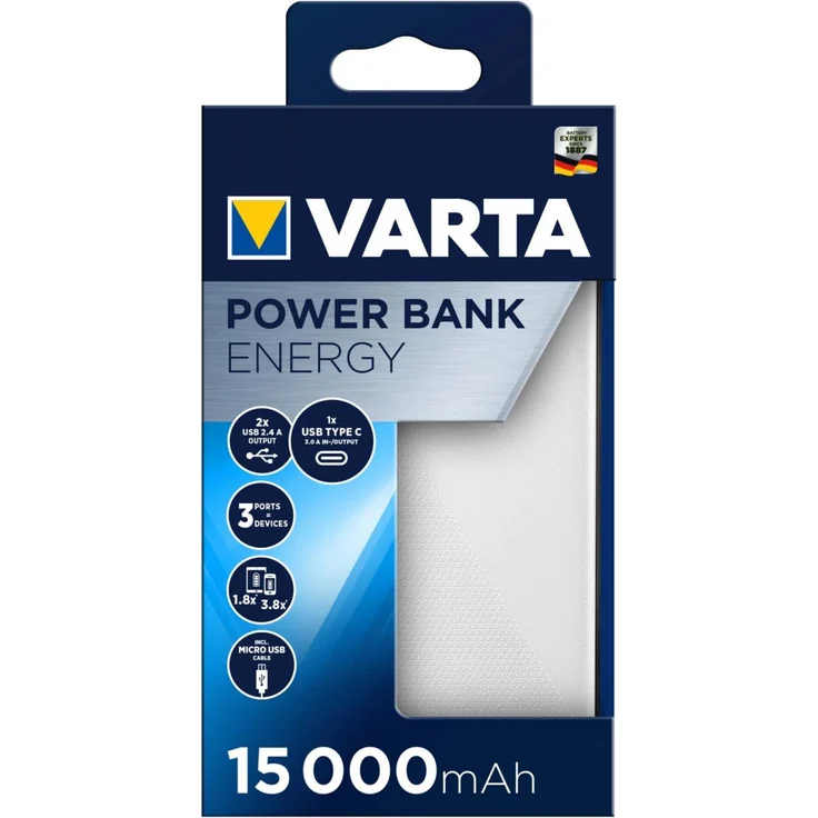 VARTA Power Bank Energy, 15000 mAh, mit 4 Anschlüssen (1x Micro USB, 2x USB A, 1x USB C), kompatibel mit Tablets & Smartphones, inkl. Micro USB Ladekabel, weiß – Bild 14