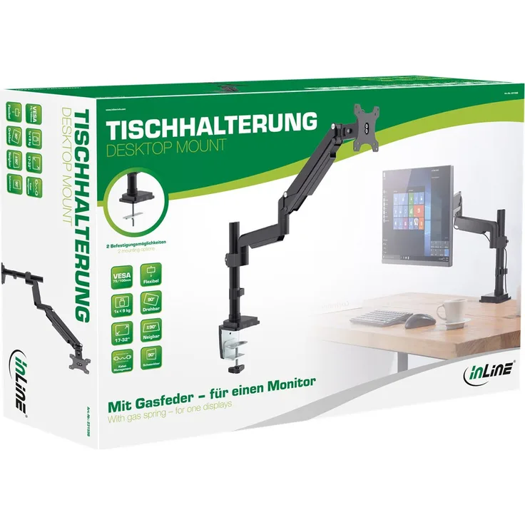 InLine Tischhalterung mit Lifter, beweglich, für Monitore bis 82cm (32''), max. 9kg (23159B)