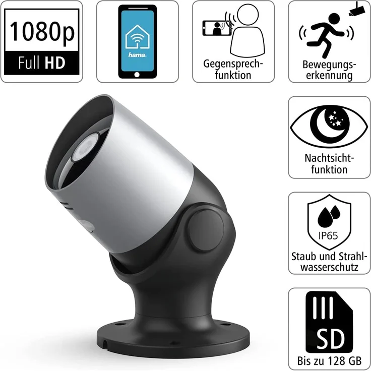 Hama 00176577 Überwachungskamera WLAN, WLAN Kamera für außen, Outdoor-Kamera mit Sprach- und App-Steuerung, wetterfeste Außenkamera mit Bewegungsmelder, Nachtsicht, 2-Wege-Audio, Aufzeichnung, 1080p, schwarz – Bild 2