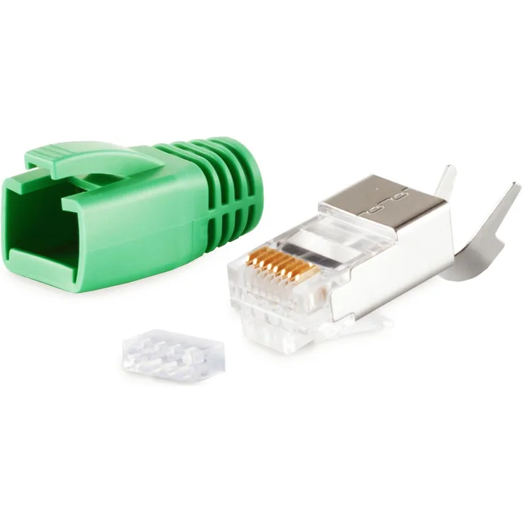 S-CONN maximum connectivity Netzwerk Modular Stecker RJ45 SET für Verlegekabel bis AWG 23, Stecker mit Zugentlastung, Einführhilfe und Tülle, grün VE 1 (72067-G)