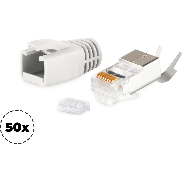 S-CONN maximum connectivity Netzwerk Modular Stecker RJ45 SET für Verlegekabel bis AWG 23, Stecker mit Zugentlastung, Einführhilfe und Tülle, grau VE 50 (72067-50GR)