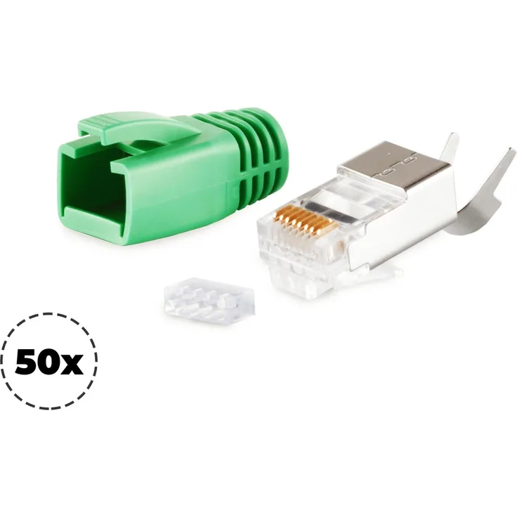 S-CONN maximum connectivity Netzwerk Modular Stecker RJ45 SET für Verlegekabel bis AWG 23, Stecker mit Zugentlastung, Einführungshilfe und Tülle, grün VE 50 (72067-50G)