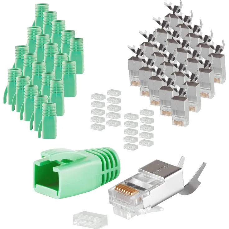 S-CONN maximum connectivity Netzwerk Modular Stecker RJ45 SET für Verlegekabel bis AWG 23, Stecker mit Zugentlastung, Einführhilfe und Tülle, grün VE 20 (72067-20G)