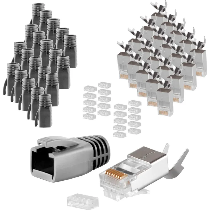 S-CONN maximum connectivity Netzwerk Modular Stecker RJ45 SET für Verlegekabel bis AWG 23, Stecker mit Zugentlastung, Einführhilfe und Tülle, schwarz VE 20 (72067-20S)