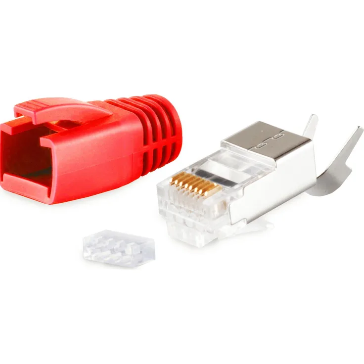 S-CONN maximum connectivity Netzwerk Modular Stecker RJ45 SET für Verlegekabel bis AWG 23, Stecker mit Zugentlastung, Einführhilfe und Tülle, rot VE 1 (72067-R)