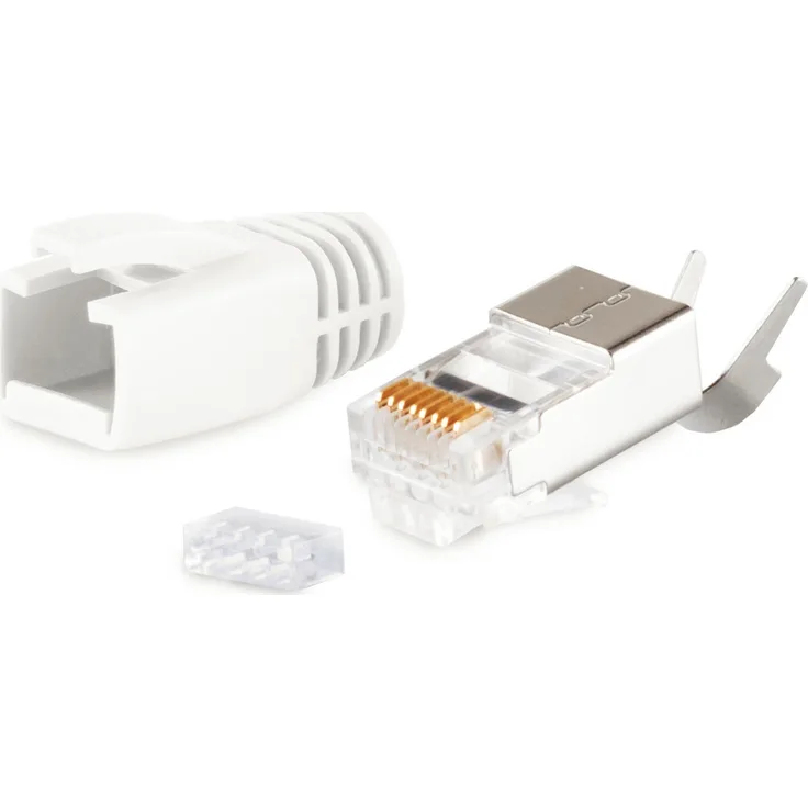 S-CONN maximum connectivity Netzwerk Modular Stecker RJ45 SET für Verlegekabel bis AWG 23, Stecker mit Zugentlastung, Einführhilfe und Tülle, weiß VE 1 (72067-W)
