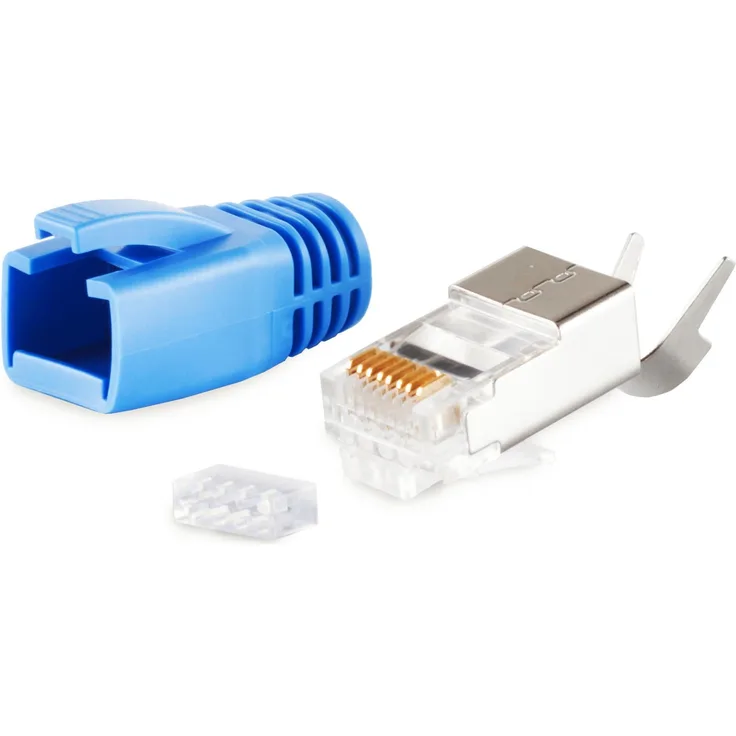 S-CONN maximum connectivity Netzwerk Modular Stecker RJ45 SET für Verlegekabel bis AWG 23, Stecker mit Zugentlastung, Einführhilfe und Tülle, blau VE 1 (72067-B)
