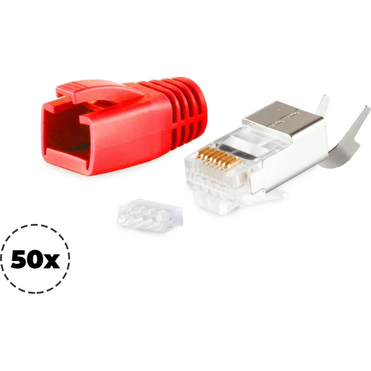 S-CONN maximum connectivity Netzwerk Modular Stecker RJ45 SET für Verlegekabel bis AWG 23, Stecker mit Zugentlastung, Einführhilfe und Tülle, rot VE 50 (72067-50R)