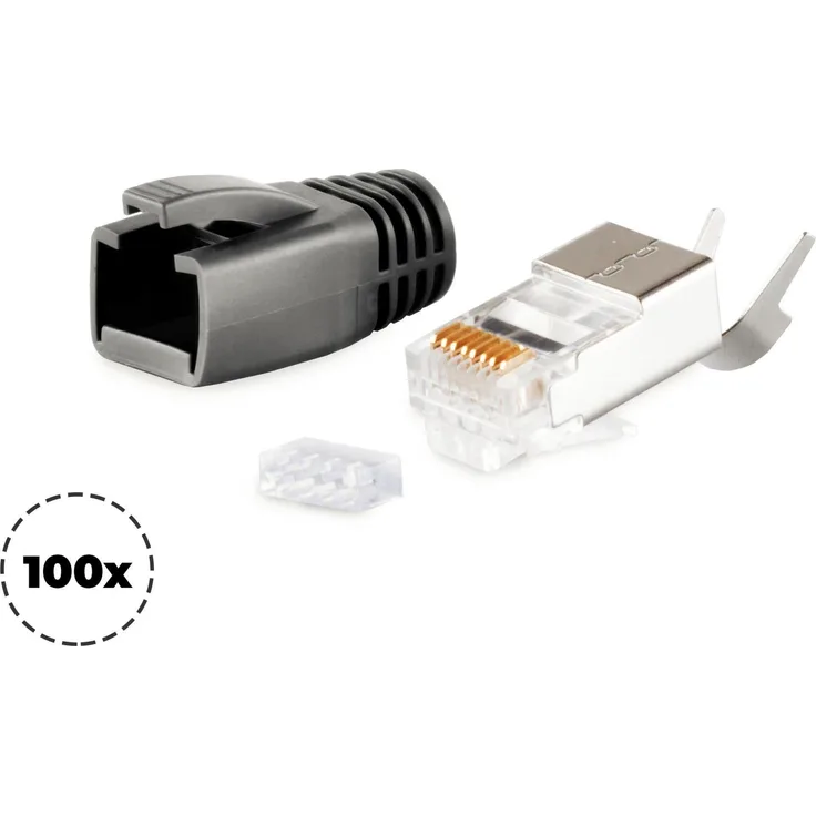 S-CONN maximum connectivity Netzwerk Modular Stecker RJ45 SET für Verlegekabel bis AWG 23, Stecker mit Zugentlastung, Einführhilfe und Tülle, schwarz VE 100 (72067-100S)
