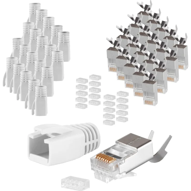 S-CONN maximum connectivity Netzwerk Modular Stecker RJ45 SET für Verlegekabel bis AWG 23, Stecker mit Zugentlastung, Einführhilfe und Tülle, grau VE 20 (72067-20GR)
