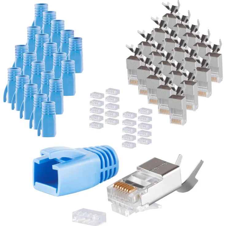 S-CONN maximum connectivity Netzwerk Modular Stecker RJ45 SET für Verlegekabel bis AWG 23, Stecker mit Zugentlastung, Einführhilfe und Tülle, blau VE 20 (72067-20B)