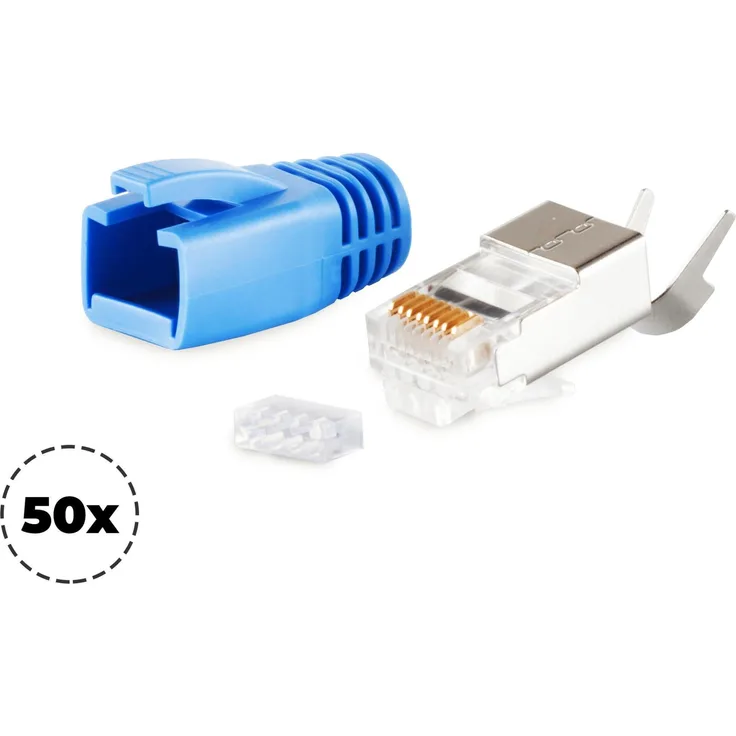 S-CONN maximum connectivity Netzwerk Modular Stecker RJ45 SET für Verlegekabel bis AWG 23, Stecker mit Zugentlastung, Einführhilfe und Tülle, blau VE 50 (72067-50B)