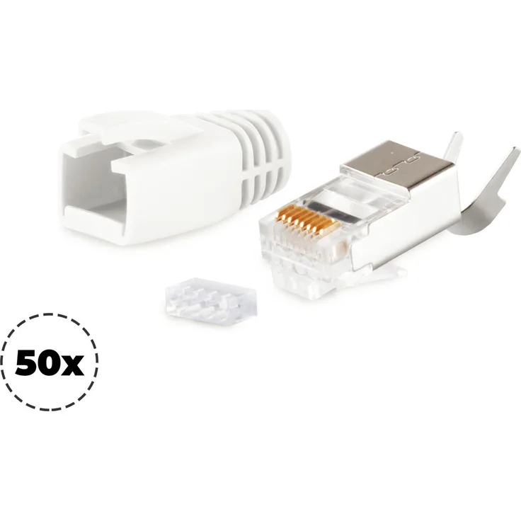 S-CONN maximum connectivity Netzwerk Modular Stecker RJ45 SET für Verlegekabel bis AWG 23, Stecker mit Zugentlastung, Einführhilfe und Tülle, weiß VE 50 (72067-50W)