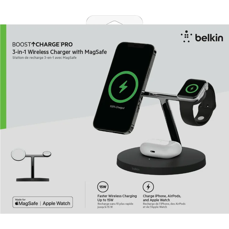 Belkin BoostCharge PRO drahtloses 3-in-1-Ladegerät mit MagSafe für iPhone 14, 13, 12 + Apple Watch + AirPods (lädt iPhone 14-Modelle magnetisch mit bis zu 15 W auf), schwarz (WIZ009vfBK) – Bild 17