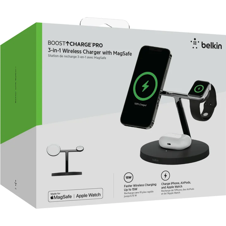 Belkin BoostCharge PRO drahtloses 3-in-1-Ladegerät mit MagSafe für iPhone 14, 13, 12 + Apple Watch + AirPods (lädt iPhone 14-Modelle magnetisch mit bis zu 15 W auf), schwarz (WIZ009vfBK) – Bild 16