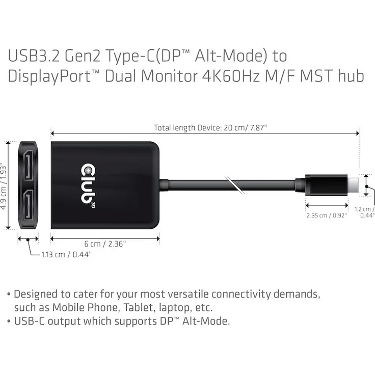 Club3D USB-Hub USB 3.2 Typ C > 2x DP 4K60Hz St-Bu retail