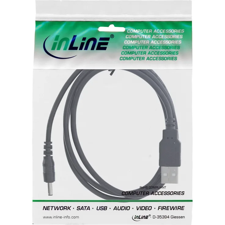 InLine USB DC Stromadapterkabel, USB A Stecker zu DC 3,5x1,35mm Hohlstecker, schwarz, 2m (26806B)