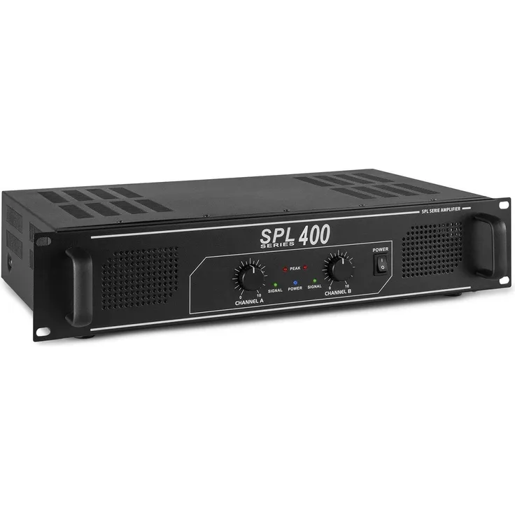 SkyTec SPL400 PA Verstärker Endstufe 400 Watt, mit 3-Band-Equalizer, 3 Kanal Input, Chinch, AUX, Amplifier ideal für kleine DJ Boxen, Clubs, Bars und Gastronomie, schwarz